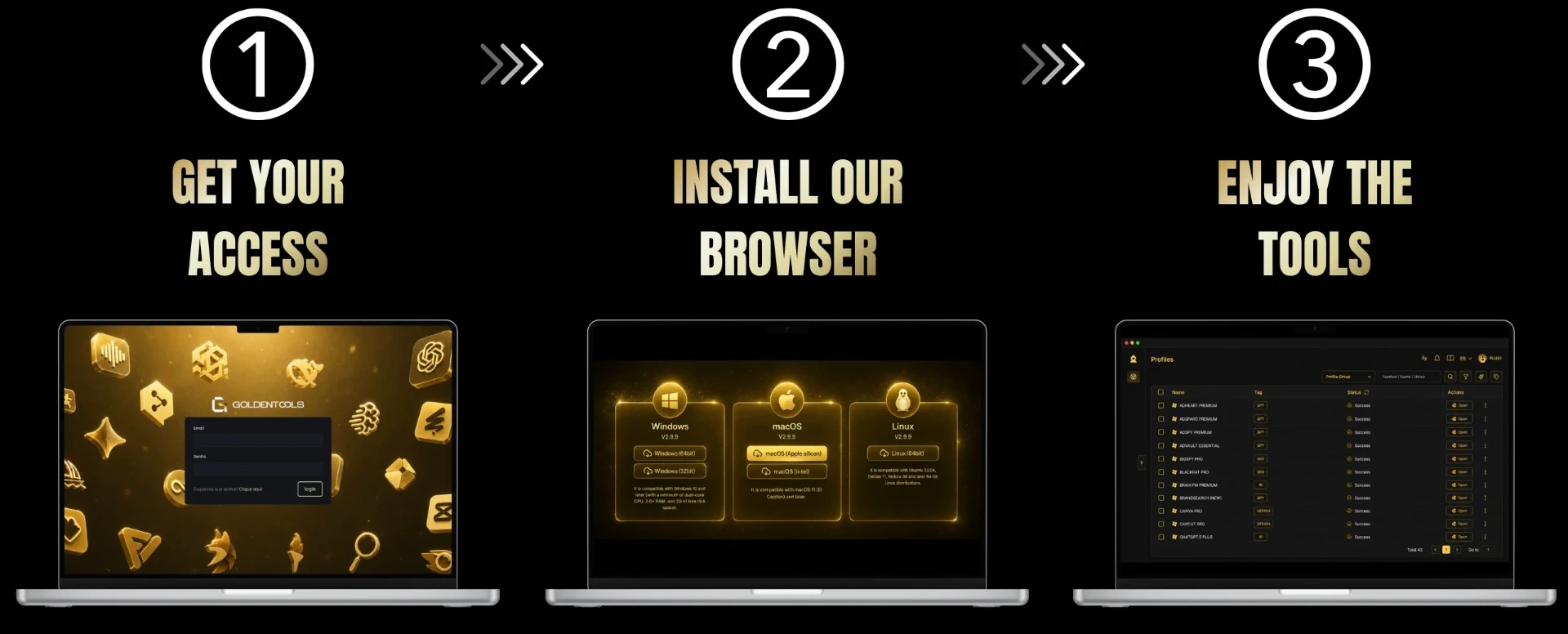 How it works: get your login, install our browser and enjoy every tool